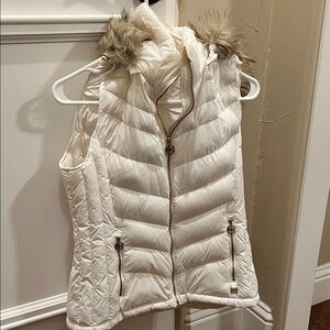 Michael Kors Cream Puffer Vest with Fur Trim